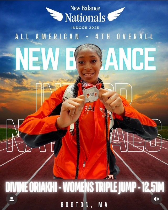 A girl posing in front of a track with a medal and New Balance Nationals caption