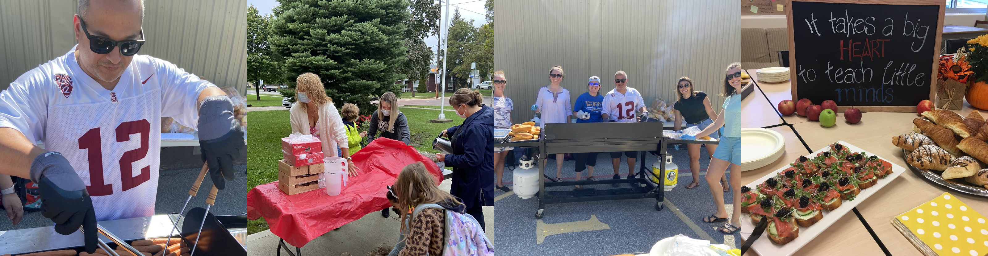 First photo, a dad is grilling hot dogs at a barbeque organized by the CSPC. Second photo, the parents organized a hot drinks and juice table in front of the school. Third photo, parents pose together by the grill at a barbeque organized by the CSPC. Fourth photo, a table is spread with food, along with a small chalkboard sign that says It takes a big heart to teach little minds, organized by the CSPC for the teachers.