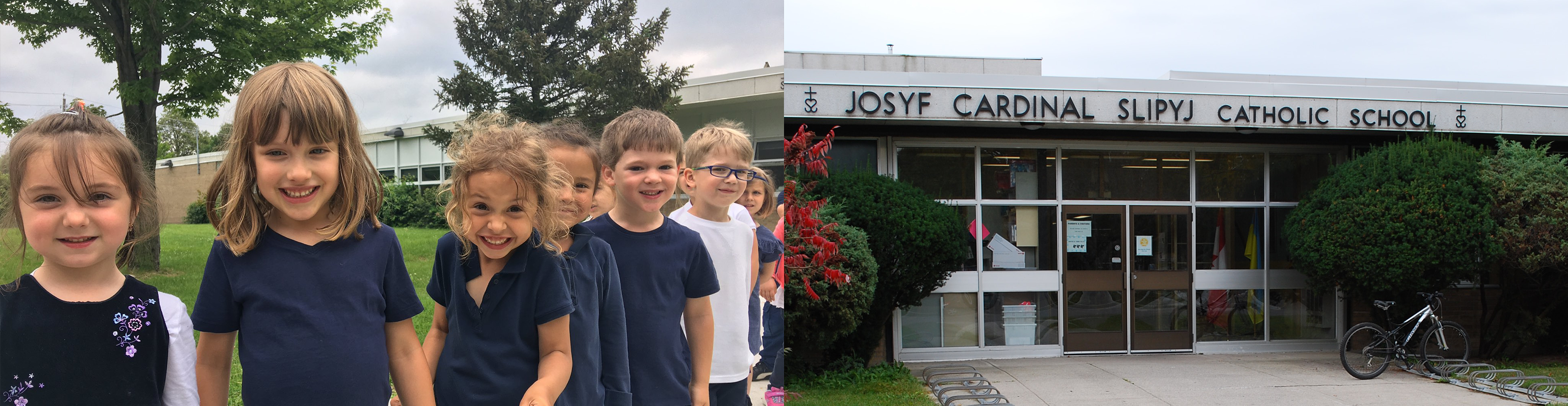 Left, students in navy and white school uniform posing together in the school grounds. Right, front of the Josyf Cardinal Slipyj school building.