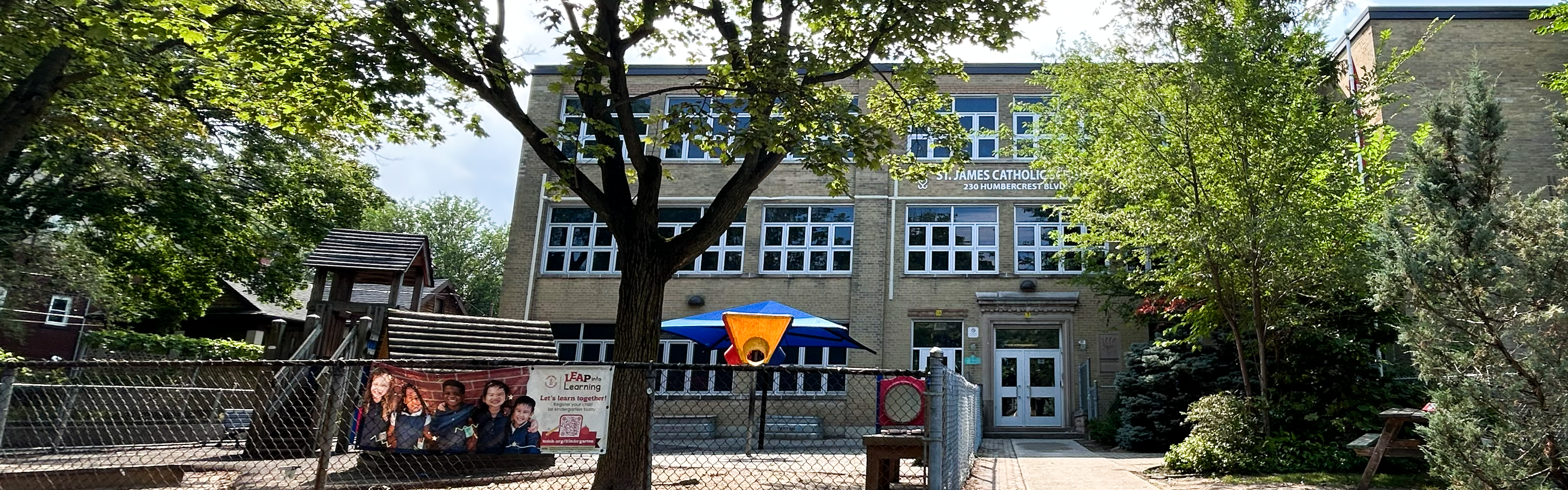 The front of the  St. James Catholic School building.