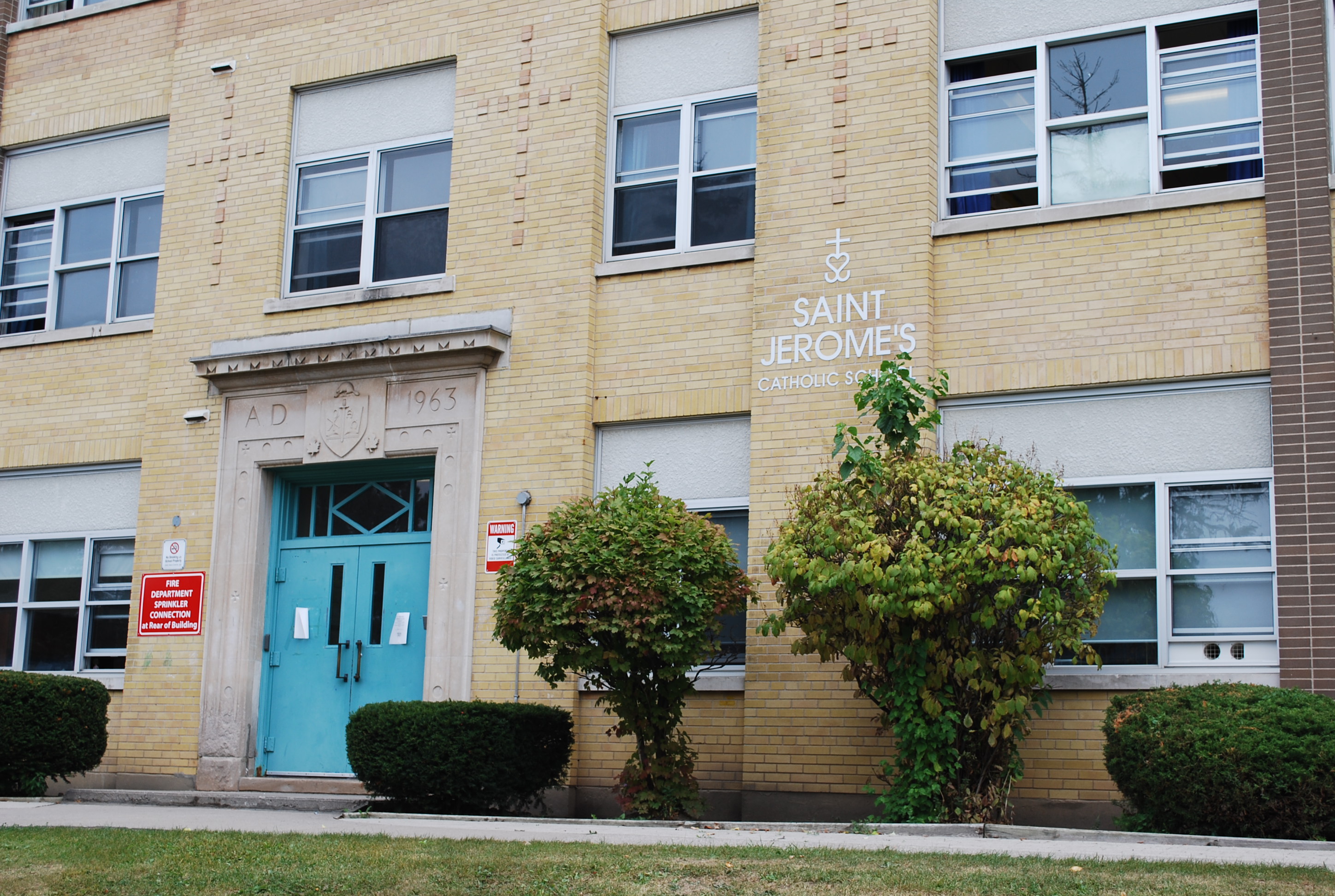 The front of the school building.