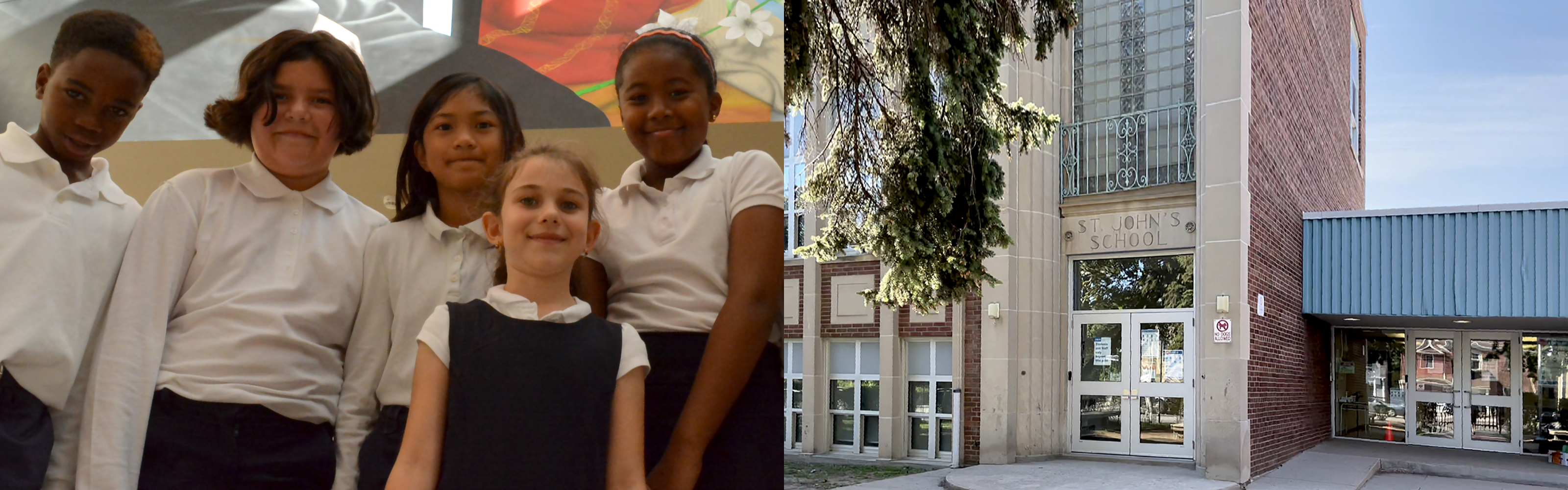 Left, a group of elementary students in white and navy school uniform. Right, the front of the St. John Catholic School building.