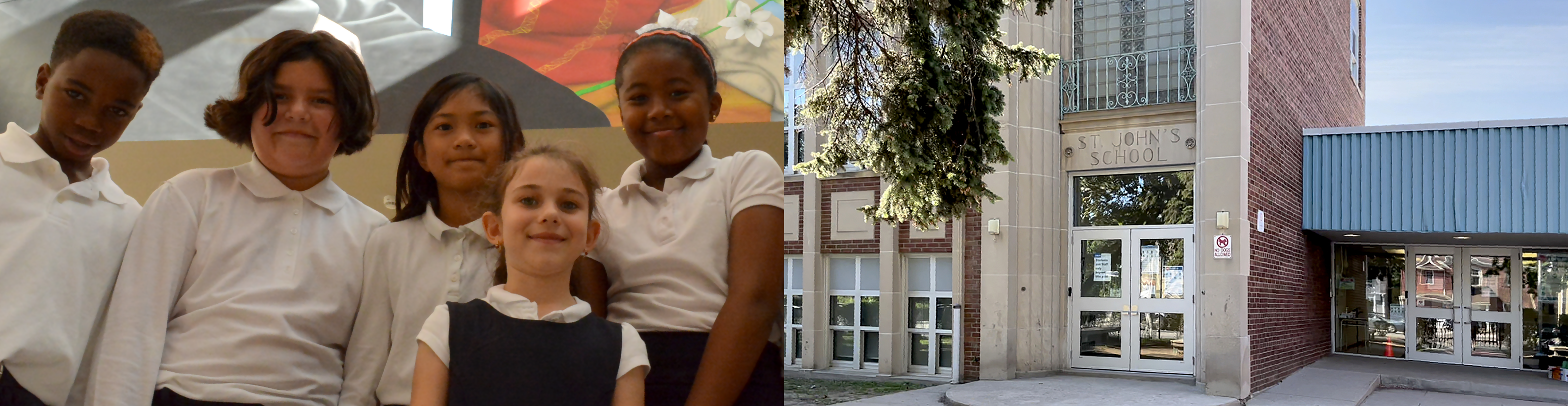 Left, a group of elementary students in white and navy school uniform. Right, the front of the St. John Catholic School building.