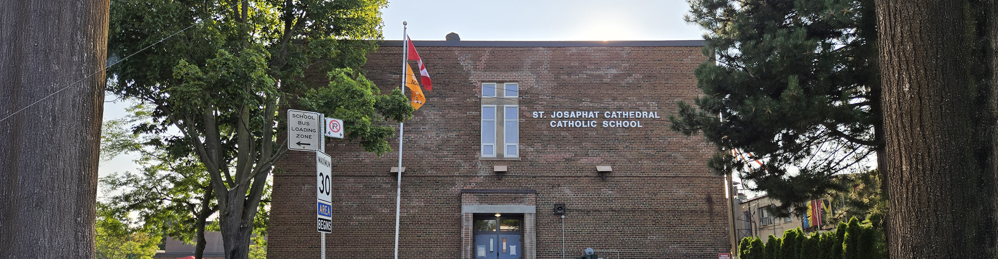 The front of the school building.