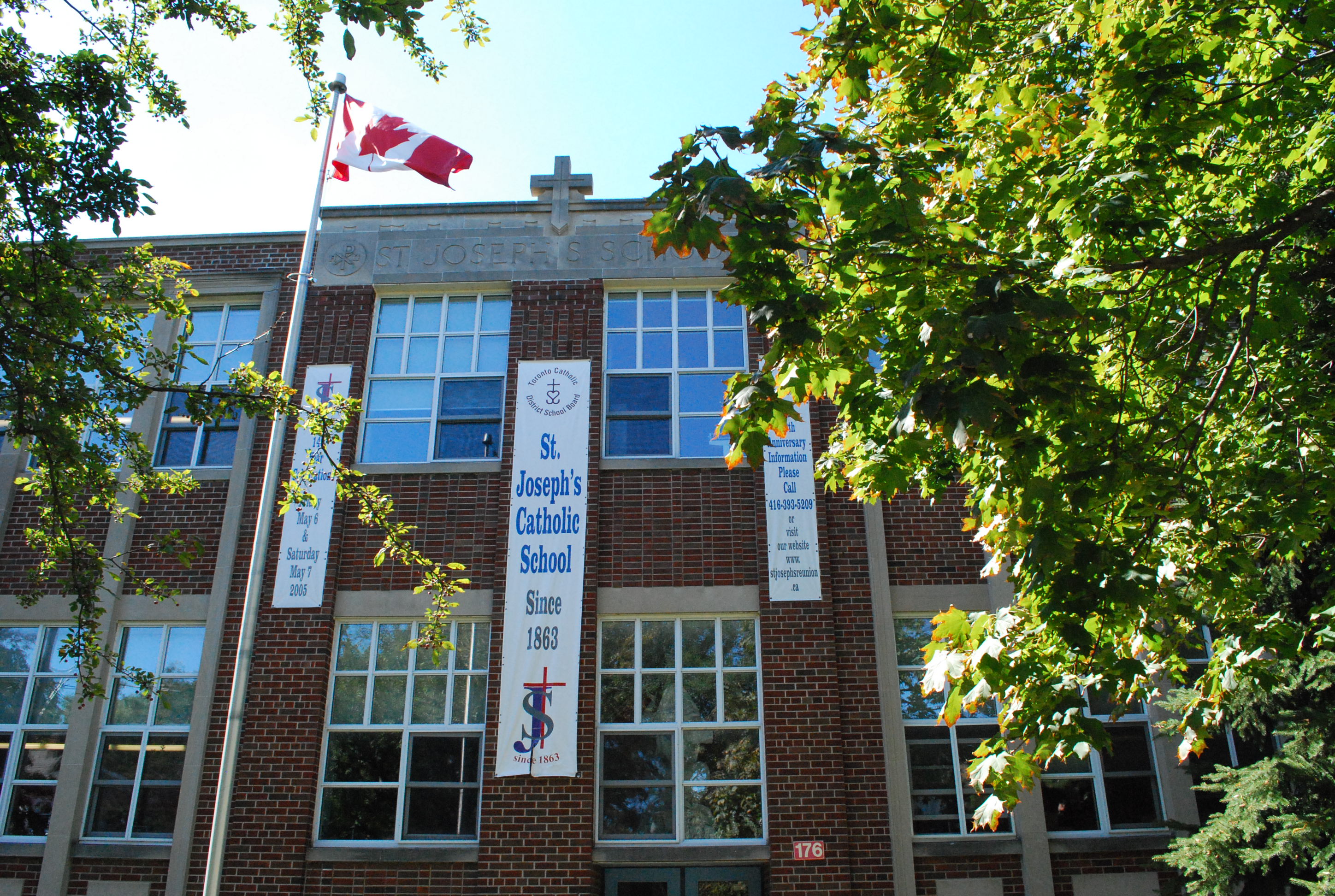 The front of the school building.