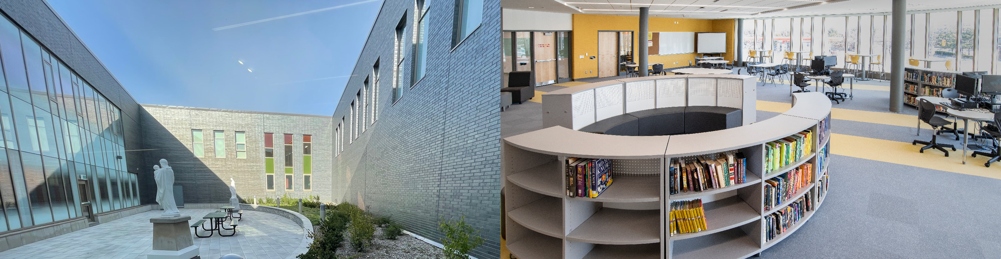 On the right, the exterior courtyard of the SJMP building. On the right, the inside of the SJMP Library/Learning Commons