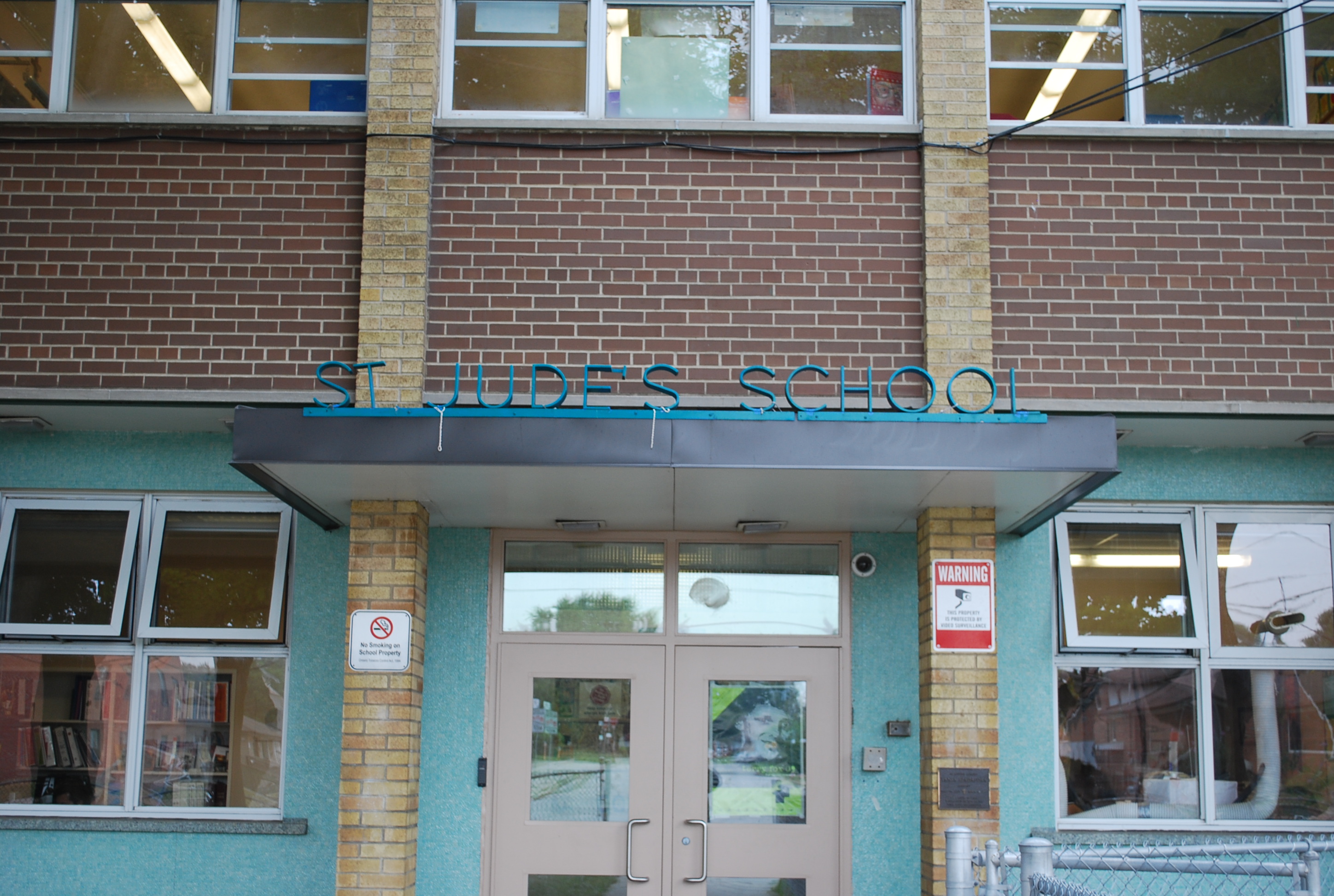 The front of the school building.