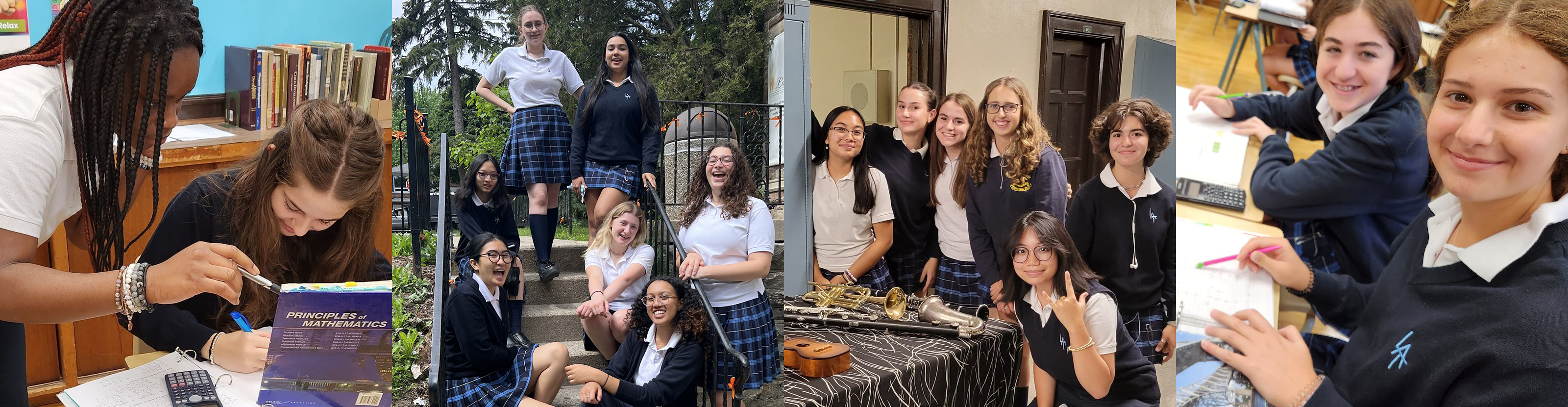 First picture is of one Loretto Abbey student helping another in class. Second picture is of Loretto Abbey students in uniform posing together on the school steps. Third picture is of Loretto Abbey students posing together in the school hallway next to musical instruments. Fourth picture is of Loretto Abbey students in class.