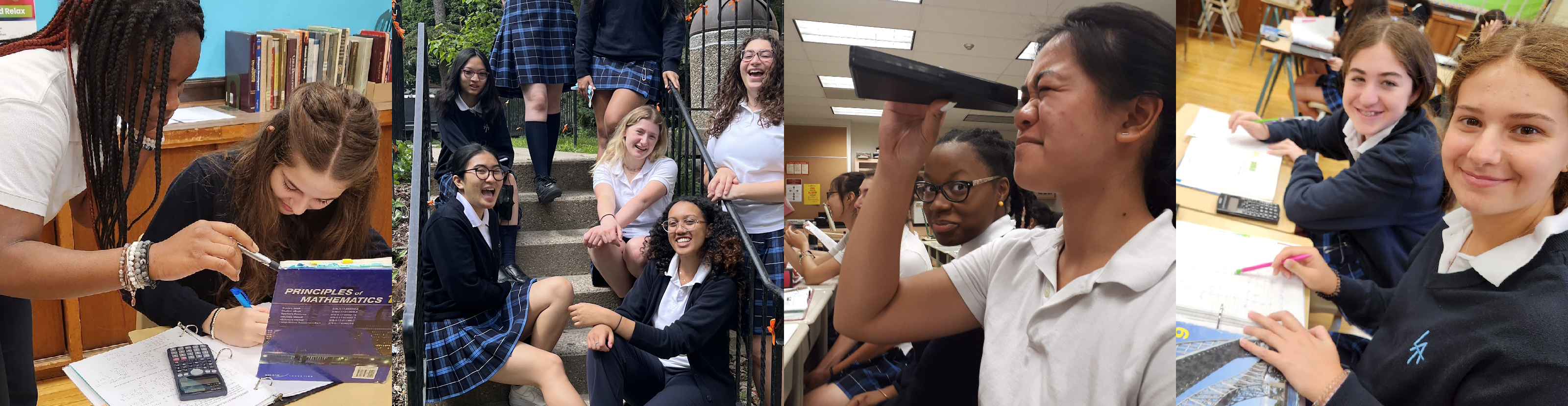 First photo is two students working on Mathematics sums in class. Second photo is of a group of students sitting on the front school steps. Third photo is of students in science class. Fourth photo is of students in math class working on sums.