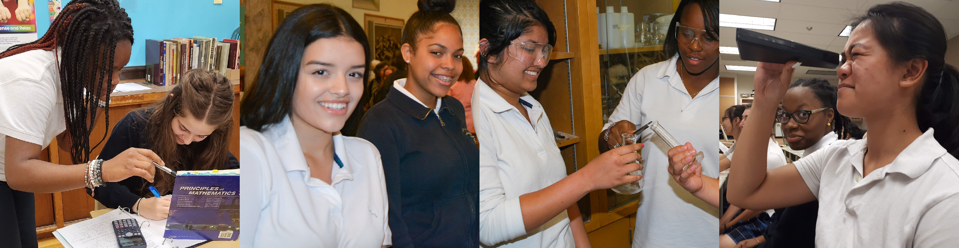 Four photos of secondary students in school uniform.