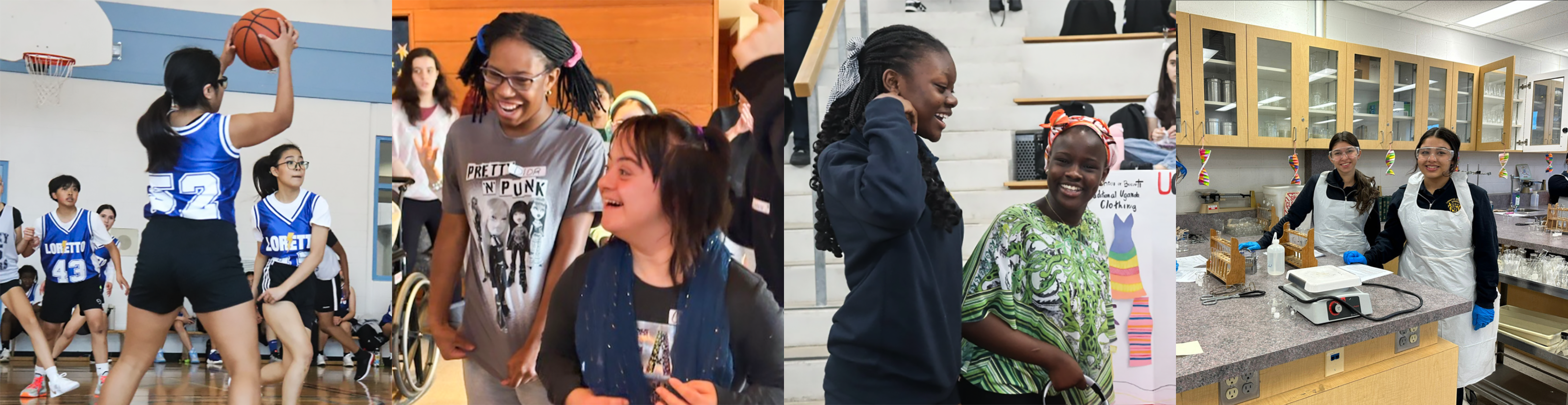 Collage of four photos of Loretto Colleges students. The first photo is of students playing basketball in the school gym. The second and third photo is of two students laughing together. The fourth photo is of two students in science class performing an experiment.
