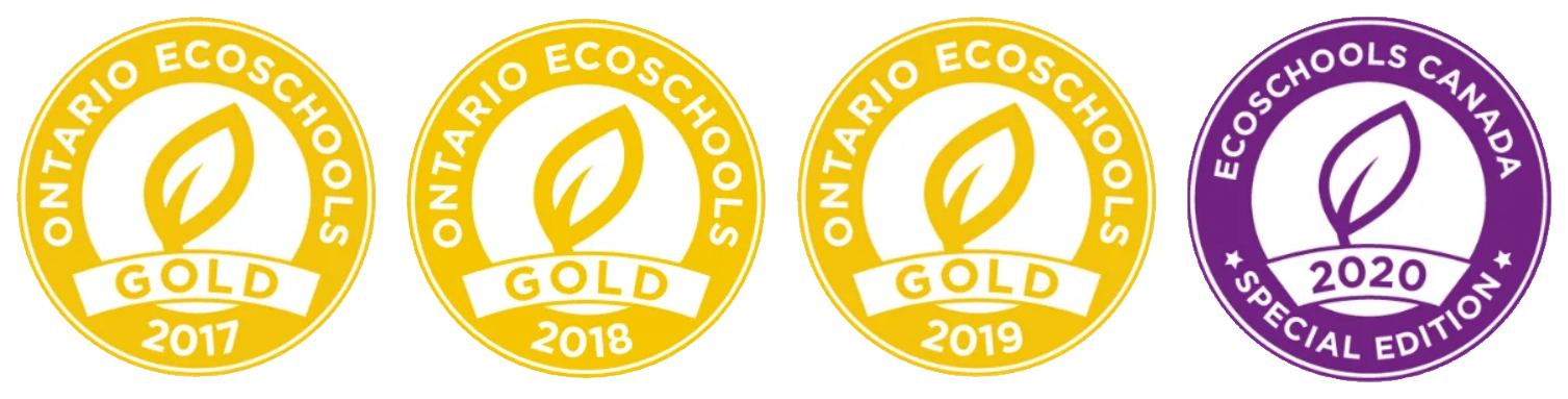Picture showing four Ontario Ecosschools achievement seals in a row, three gold seals for 2017, 2018 and 2019, and a special edition purple seal for 2020