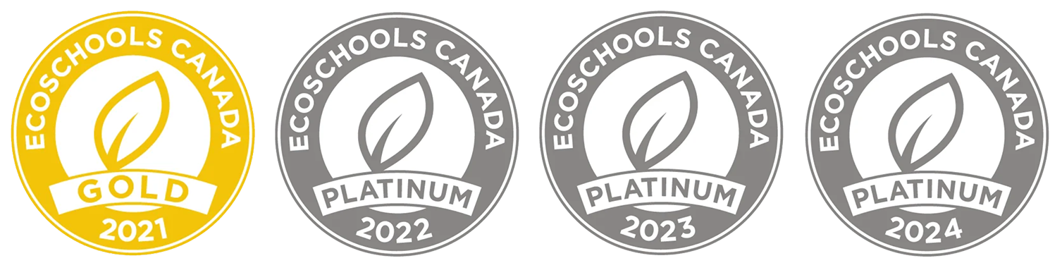 Picture showing four Ontario Ecosschools achievement seals in a row, one gold seal for 2021 and three gold seals for 2022, 2023 and 2024
