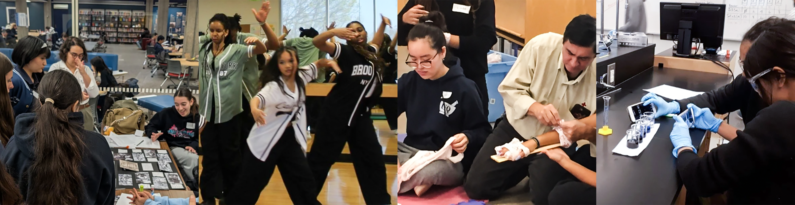 Collage of four photos of Loretto College students. The first photo is of a group of students working together on a history project. The second photo is of a group of students dancing energetically in the studio. The third photo is of students and staff doing a first aid exercise. The fourth photo is of two students performing a chemistry experiment.
