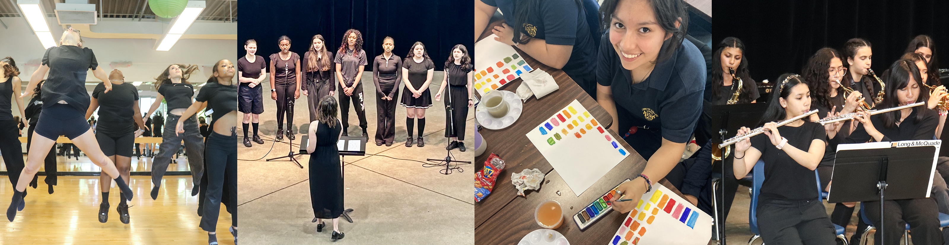Collage of four photos of Loretto College students in the arts. The first photo is of students dancing in the studio. The second photo is of students singing while being conducted. The third photo is of students painting. The fourth photo is of students playing musical instruments.
