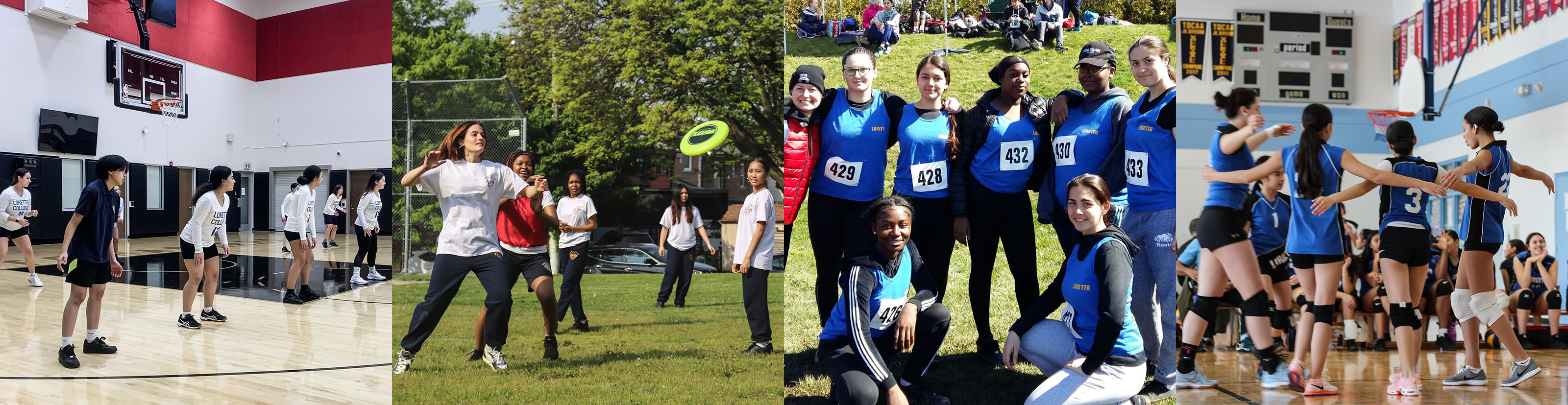 Collage of four photos of Loretto College students performing various athletic activities.
