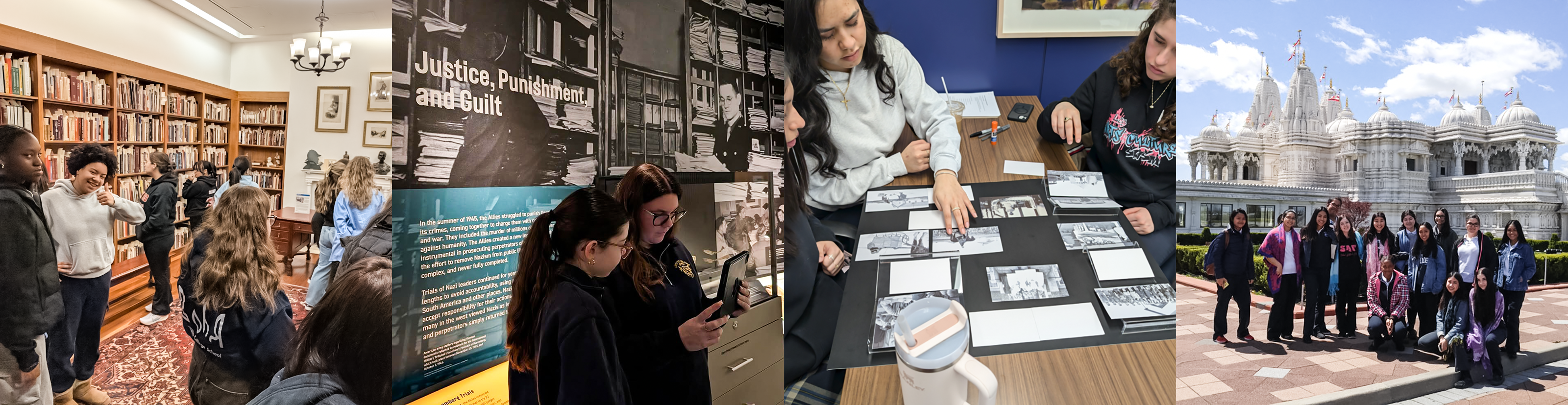 Collage of four photos of Loretto College students. The first photo is of students visiting an archive with books and statues. The second photo is of students exploring an exhibit at the Holocaust museum. The third photo is of students doing a curatorial workshop at the University of Toronto. The fourth photo is of students on a trip.