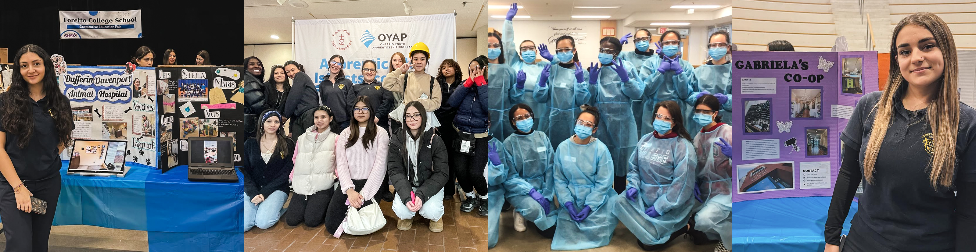 Collage of four photos of Loretto students. The first and fourth photos are of students presenting their experiences with co-op at the Loretto College co-op fair. The second photo is of Loretto students at the Women in Trades event. The third photo is of Loretto students in scrub gear exploring at a working in healthcare event.
