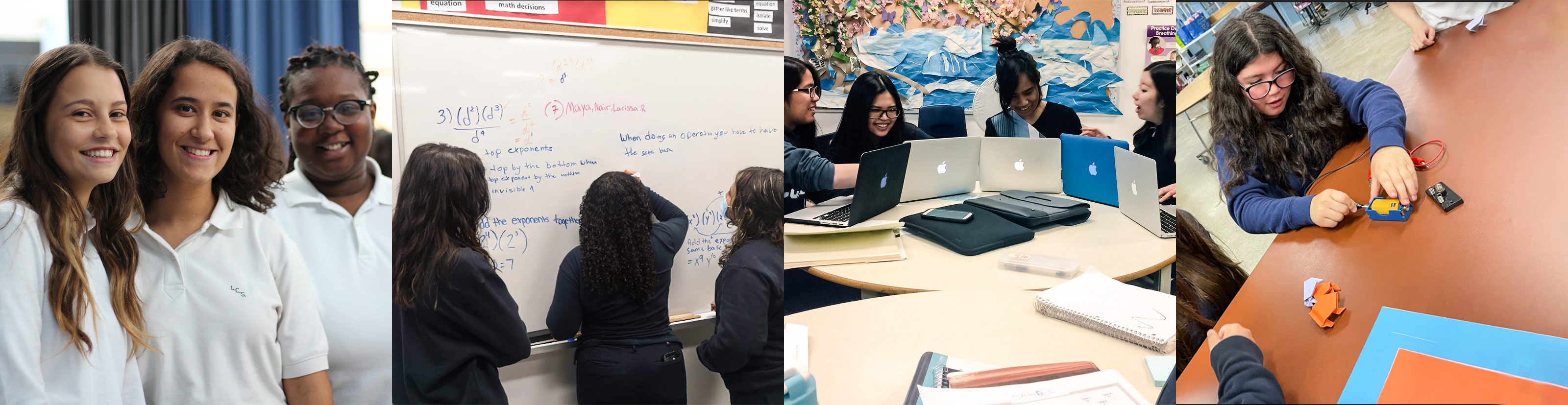 Collage of four photos of Loretto College students. The first photo is of three students posing for the camera. The second photo is of three students working out mathematics problems on a white board. The third photo is of a group of students working together on their laptops. The fourth photo is of a student building with a battery kit.