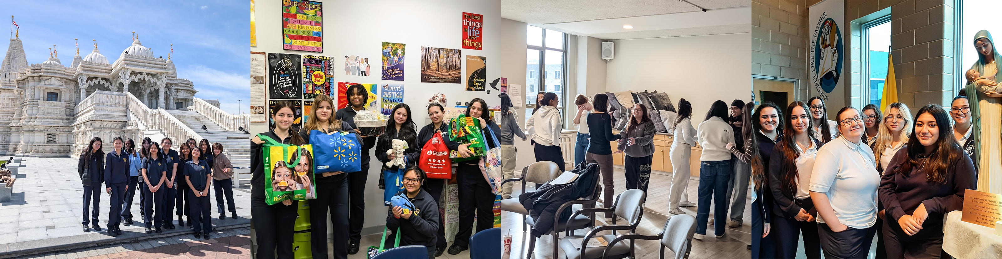 Collage of four photos of Loretto college students. The first photo is of students on an overseas trip. The second photo is of students with bags of items collected for donations. The third photo is of students mingling together at an event. The fourth photo is of students posing with a photo of Mary holding Jesus as a baby.