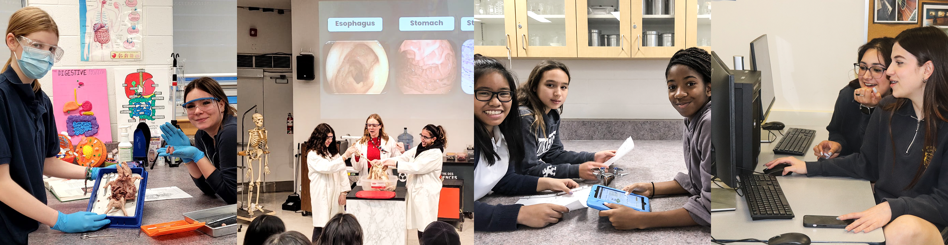 Collage of four photos of Loretto College students. The first photo is of two students showing off a dissected specimen in class. The second photo is of students performing a science experiment in front of a group of other students. The third photo is of three students working together in class with a tablet for aid. The fourth photo is of two students using a computer together.