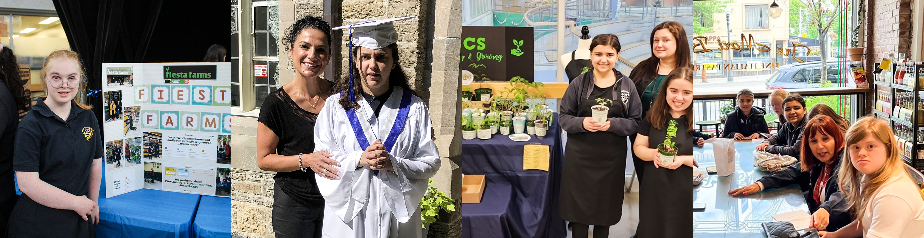 Collage of our photos of Loretto College students. The first photo is of a student presenting about her co-op experience at the Loretto College co-op fair. The second photo is of a graduating student in a robe and mortarboard, accompanied by a carer. The third photo is of students holding plants next to a display of plants being grown at Loretto college. The fourth photo is of students and staff at an outing to a bakery.