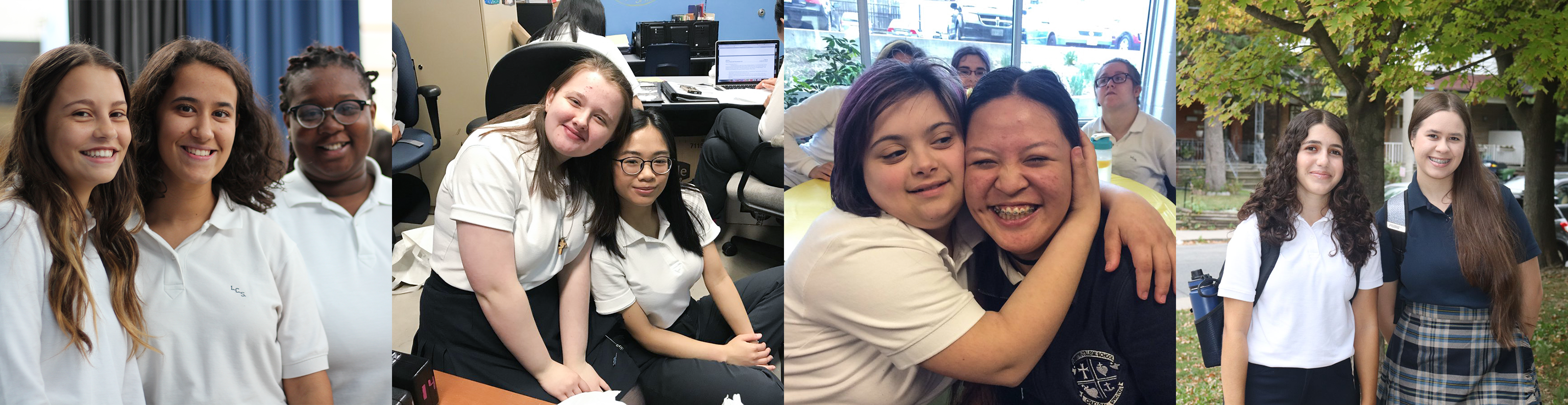 Collage of four photos of Loretto College students posing together in uniform