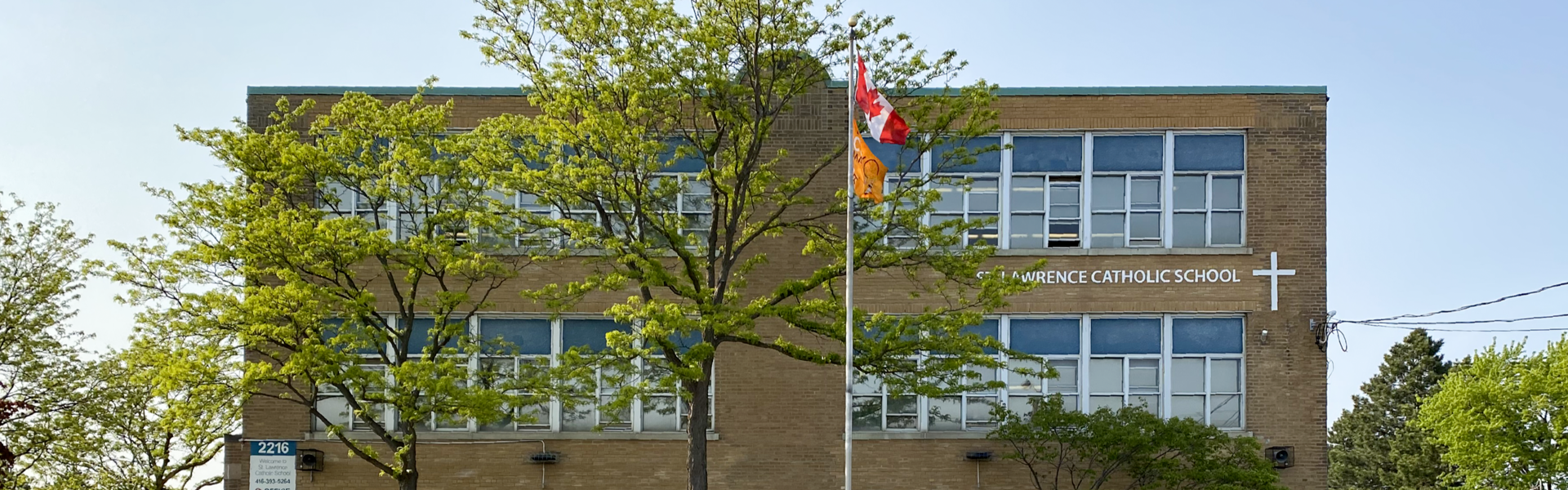 The front of the school building.