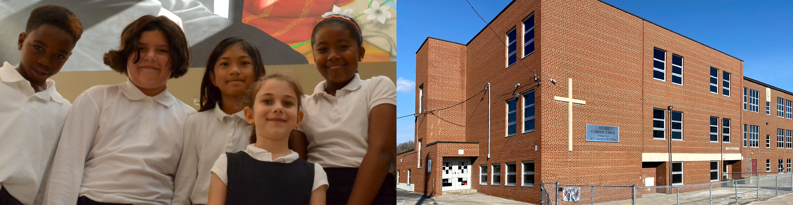 Left, a group of elementary students in white and navy school uniform. Right, the front of the St. Leo Catholic School building.