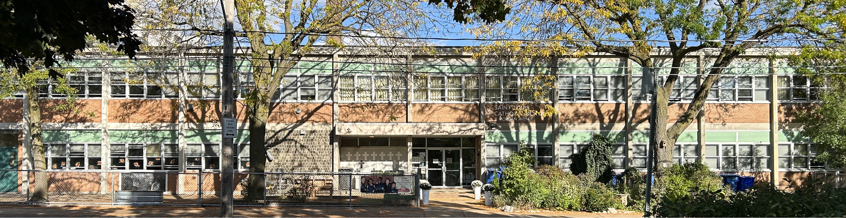 The front of the school building.