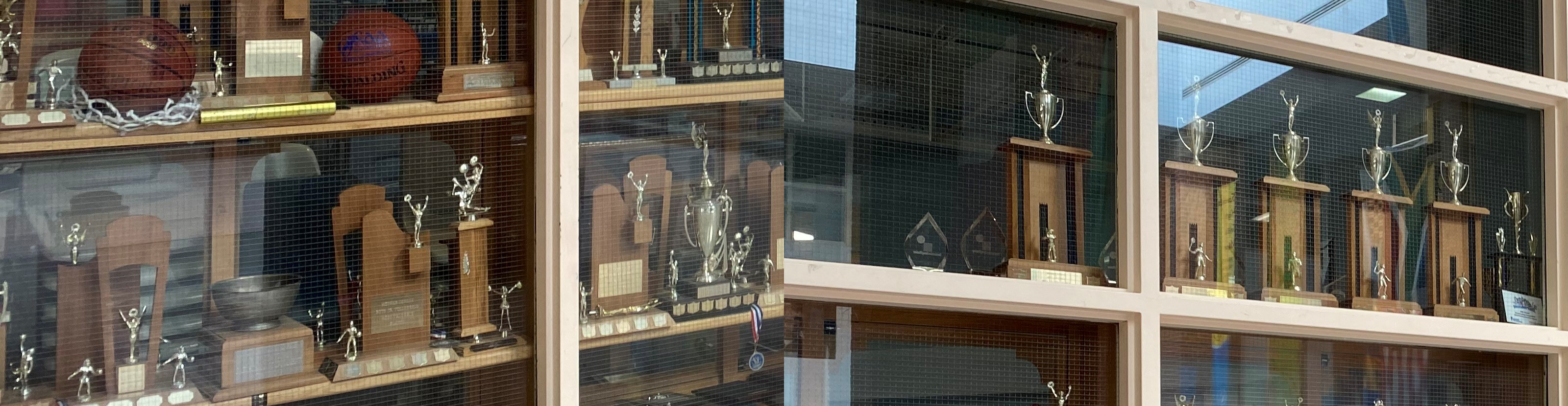 Two side by side photos of a school trophy case with medals, awards and trophies arranged on the shelves.