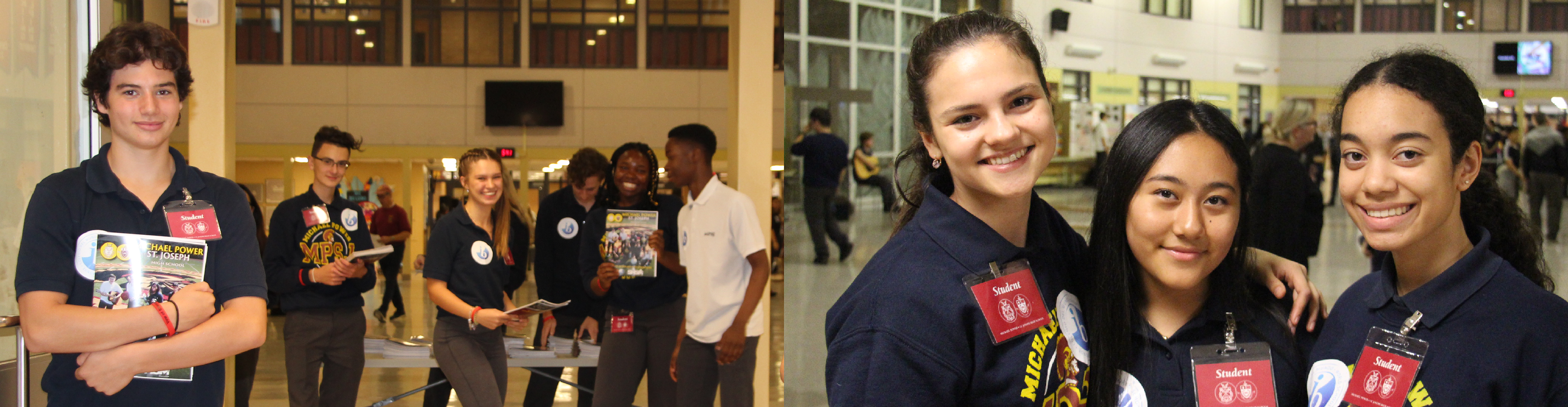 Left, MPSJ student volunteers waiting with school prospectus in hand  at the Open House. Right, three student volunteers posing together at the Open House.