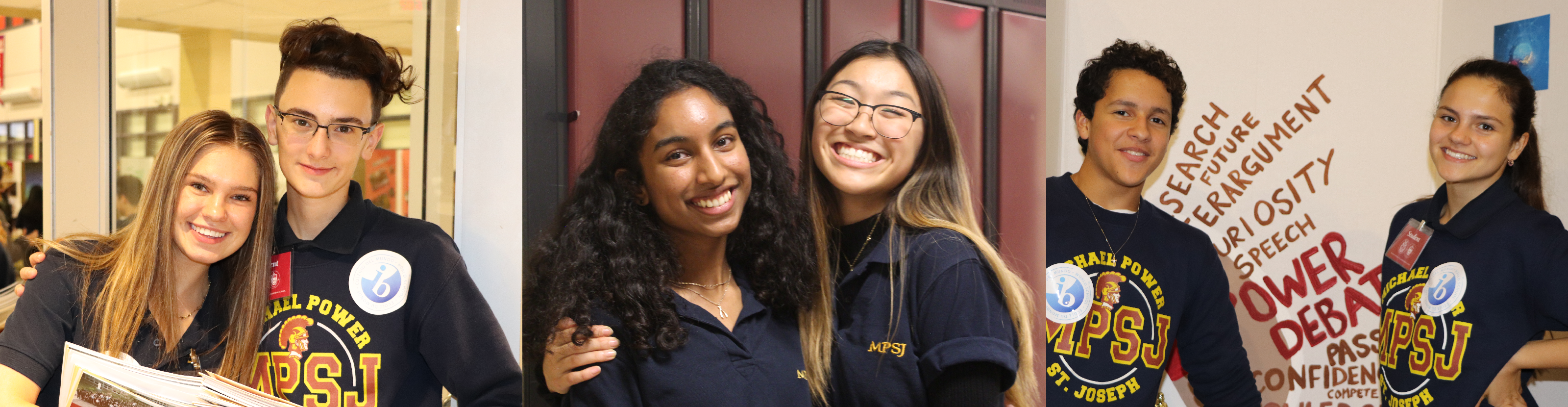 Left, two students in uniform holding their study materials and with their  arms around each other.  Middle, two students hugging each other in front of the lockers. Right, two debate students standing in front of their club poster.