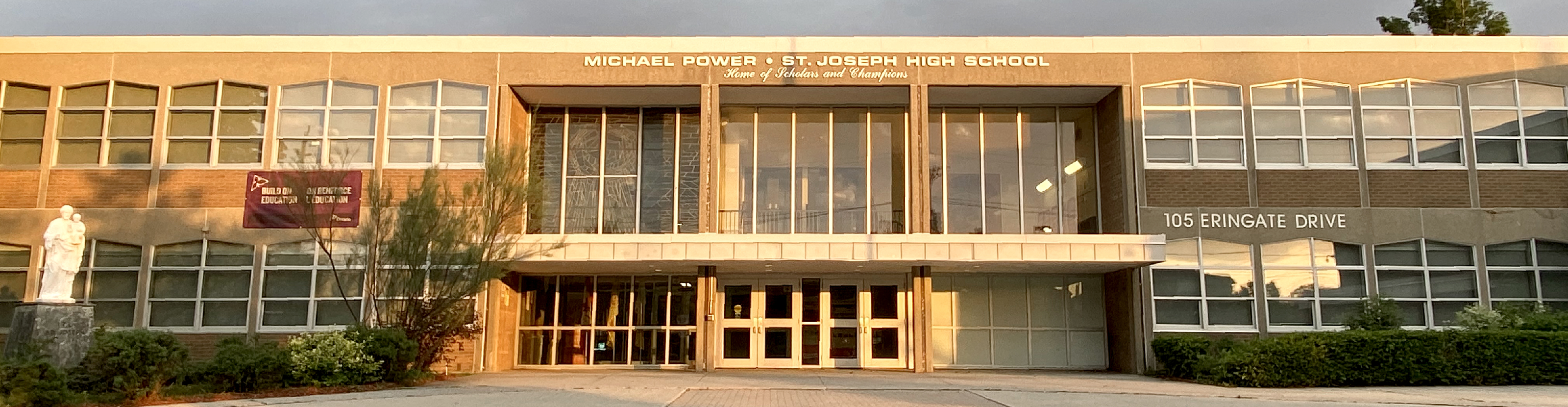 The front entrance of the Michael Power - St. Joseph School building.