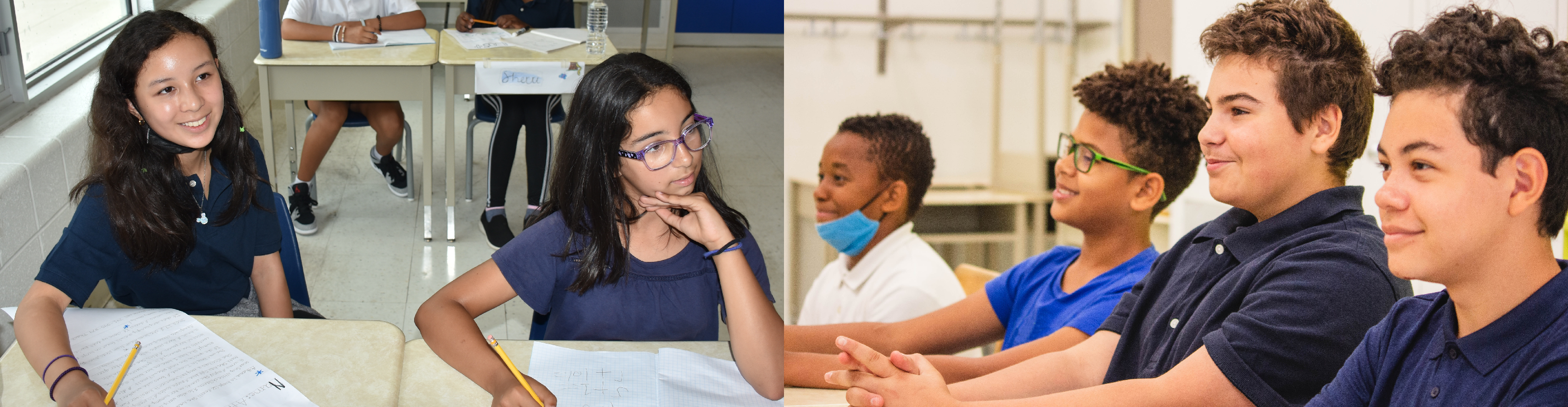 Left, two students taking notes while listening in class. Right, four students listening in class.