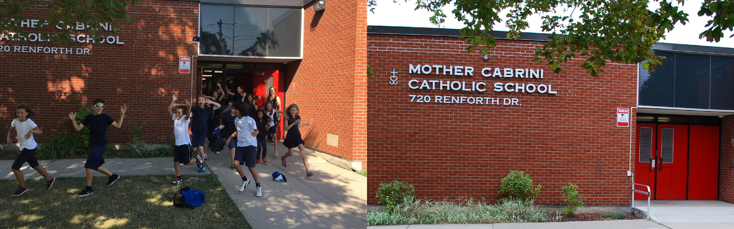 Left, students in uniform running out of the school front door. Right, the Mother Cabrini school building sign, with the school's 50th anniversary celebration banner hung under the sign.