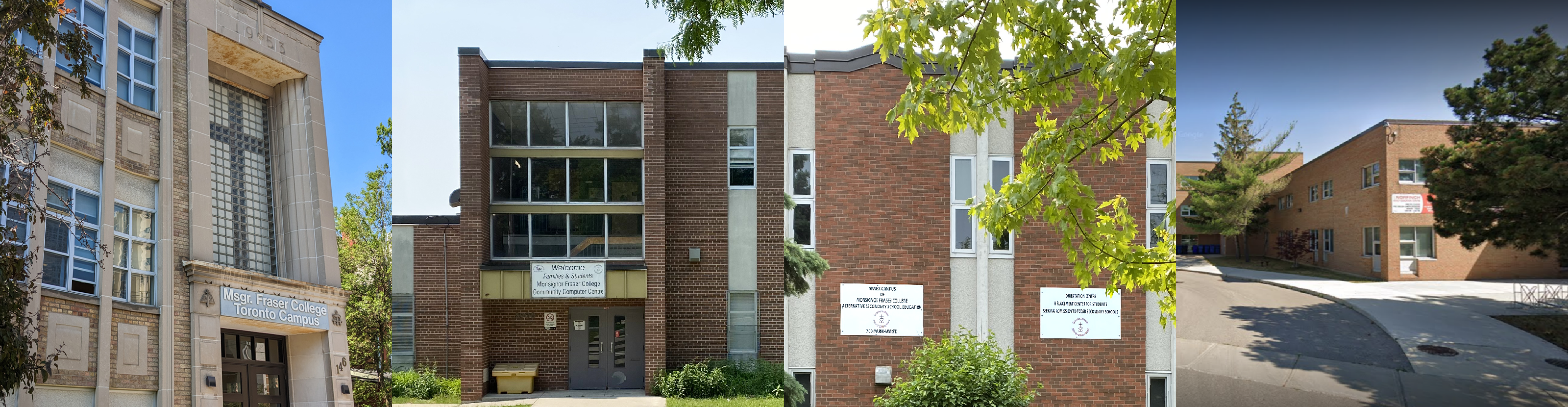 A collage showing the front of the four Monsignor Fraser College campus buildings: Midland, Isabella, Fraser and Norfinch.