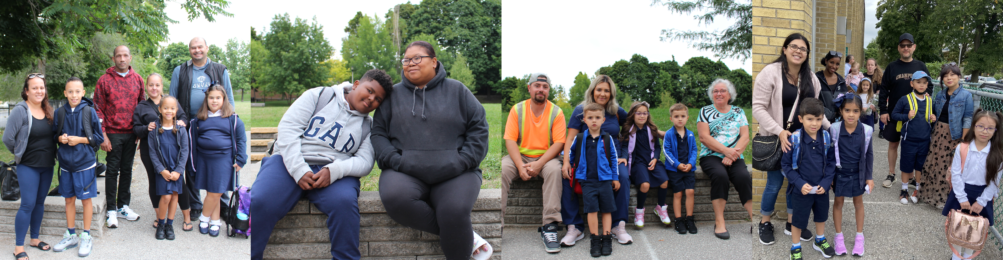 First photo, a family of parents and their children pose in the school courtyard. Second photo, a student lays his head on his mother's shoulder while they are sitting on the school courtyard seatwall. Third photo, parents and grandmother are sitting on the courtyard seatwall with their three children. Fourth photo, a group of parents pose with their students while droppping them off at school.