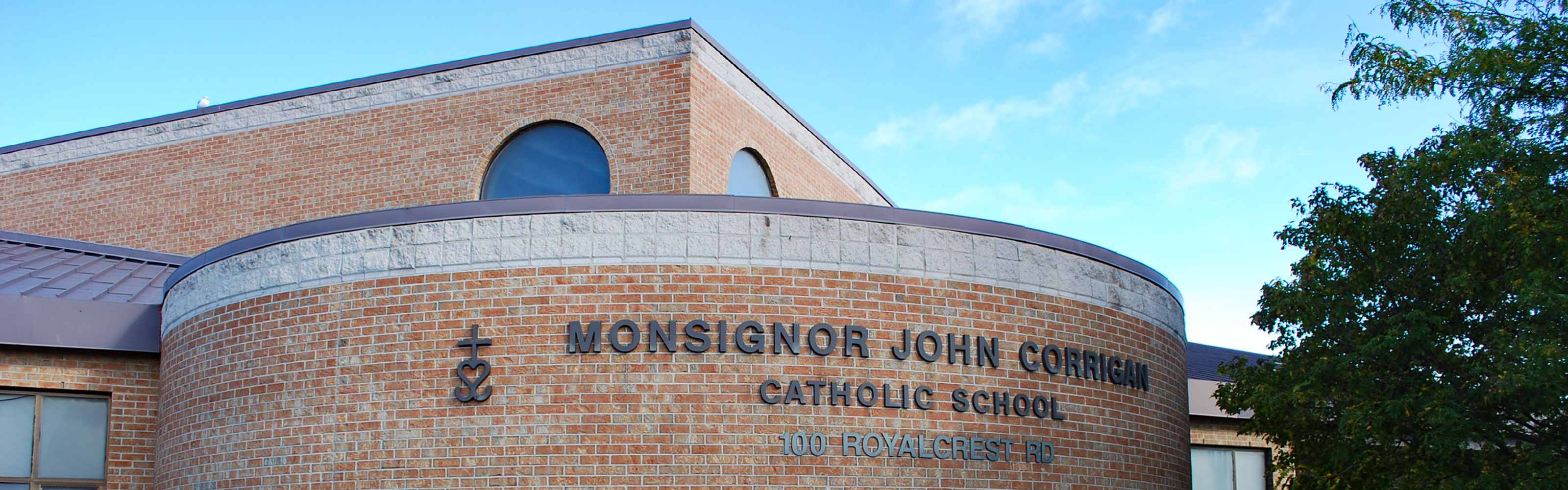 Front of the Monsignor John Corrigan Catholic School building