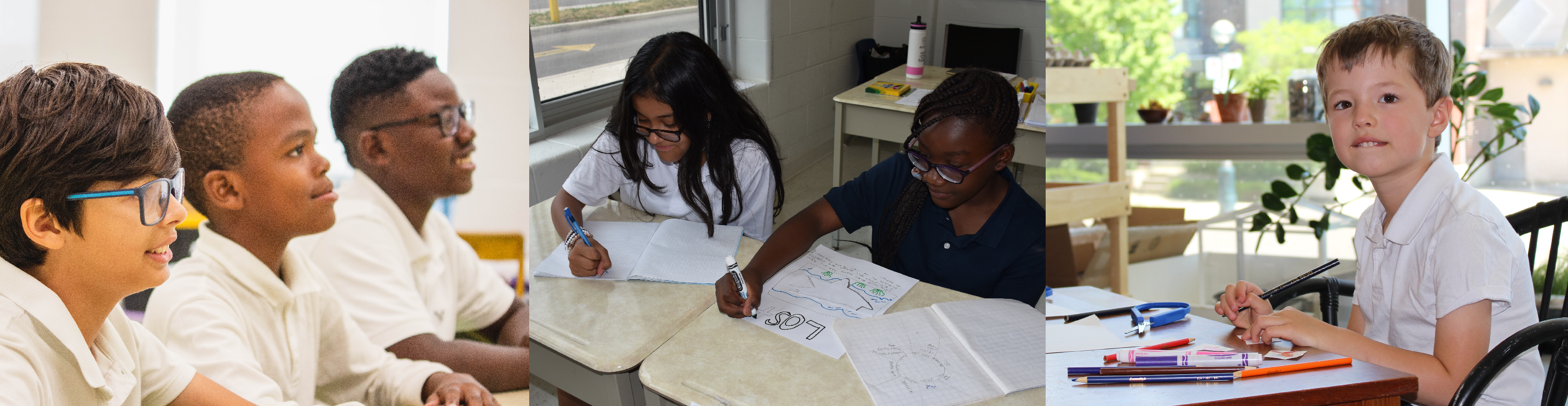 Left, three students in uniform listening in class. Middle, two students in uniform taking notes in class. Right, a student in uniform making crafts in class.