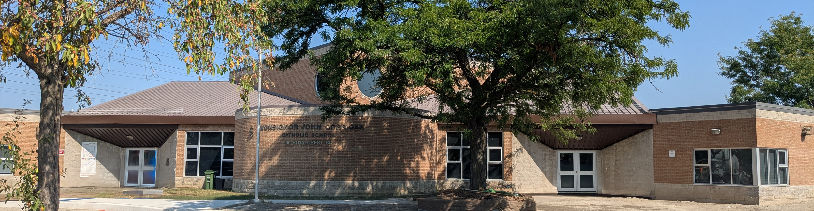 The front of the school building.