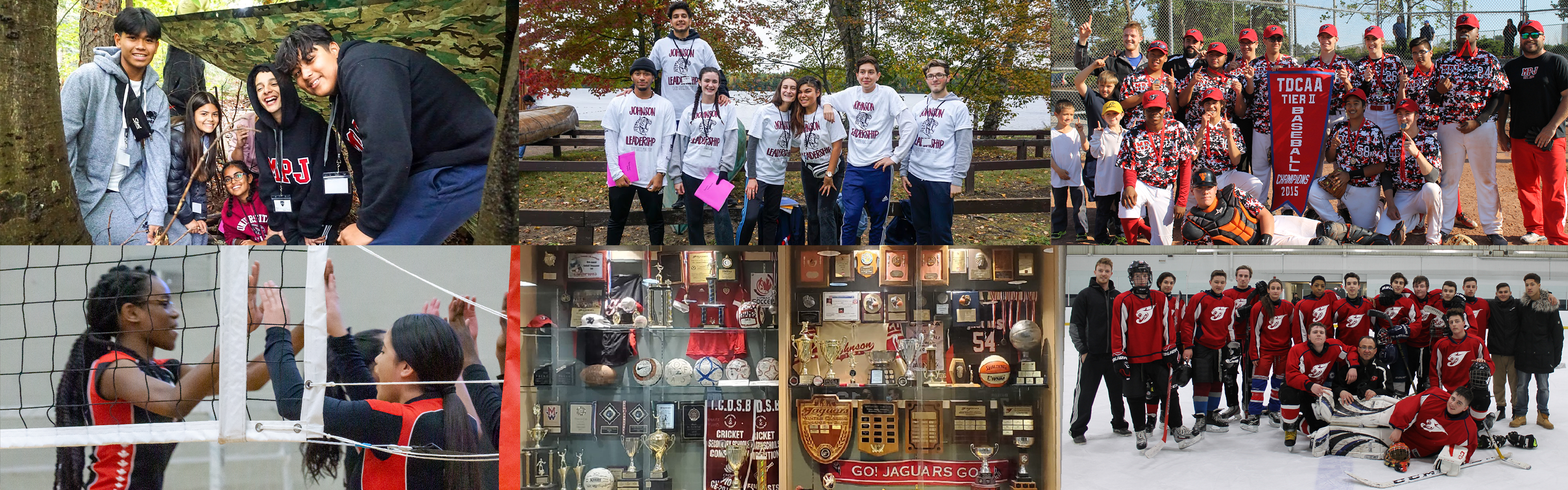 Top  left, a group of students at a leadership camp retreat. Top middle, a group photo of students on the Johnson Leadership team. Top right, group photo of the baseball team with their championship banner. Bottom left, intramural volleyball players. Bottom middle, MPJ trophy case. Bottom right, group photo of hockey team on the ice.