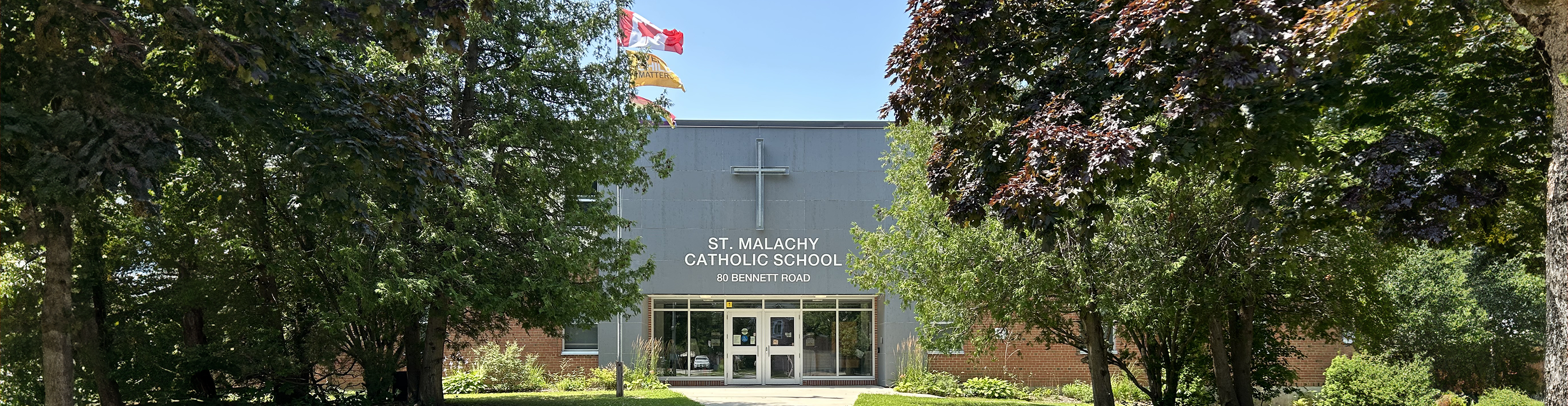 The front of the school building.