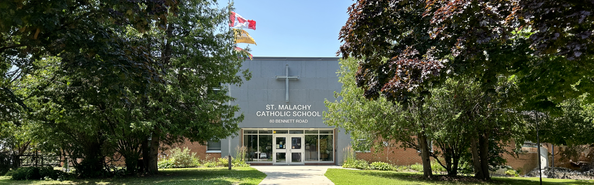 The front of the school building.