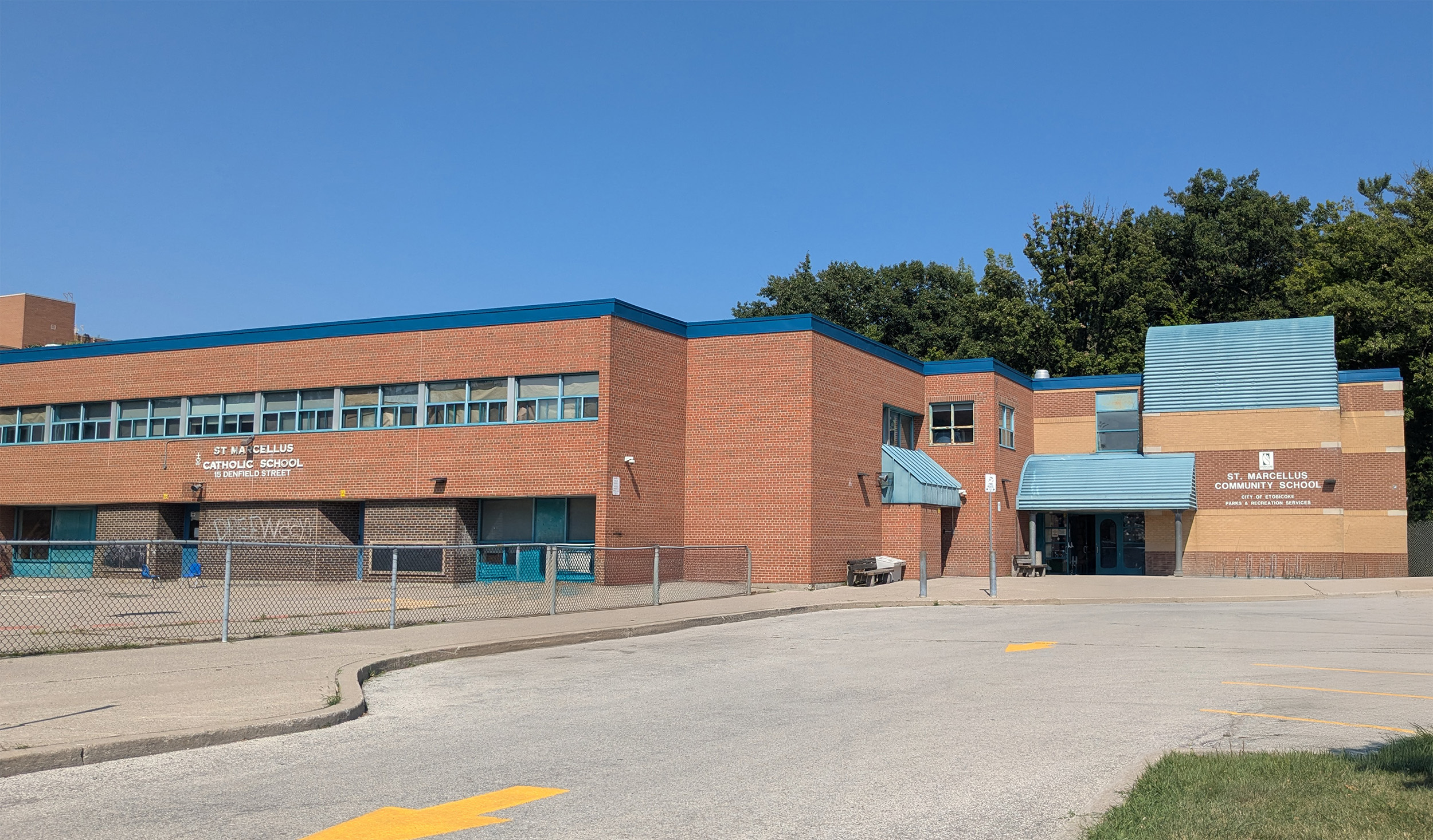 The front of the school building.