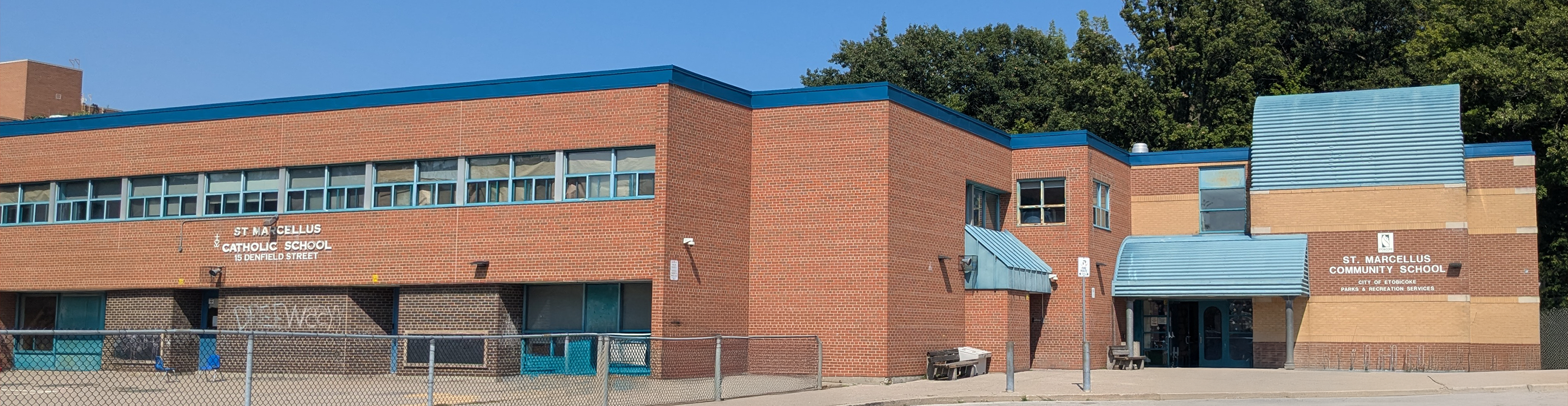 The front of the school building.