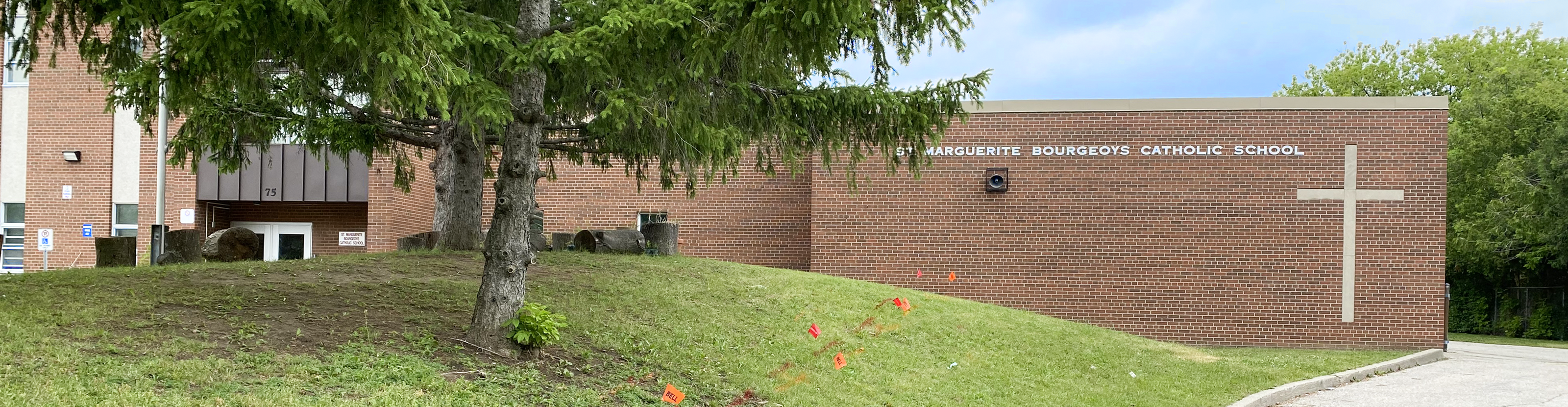 The front of the school building.