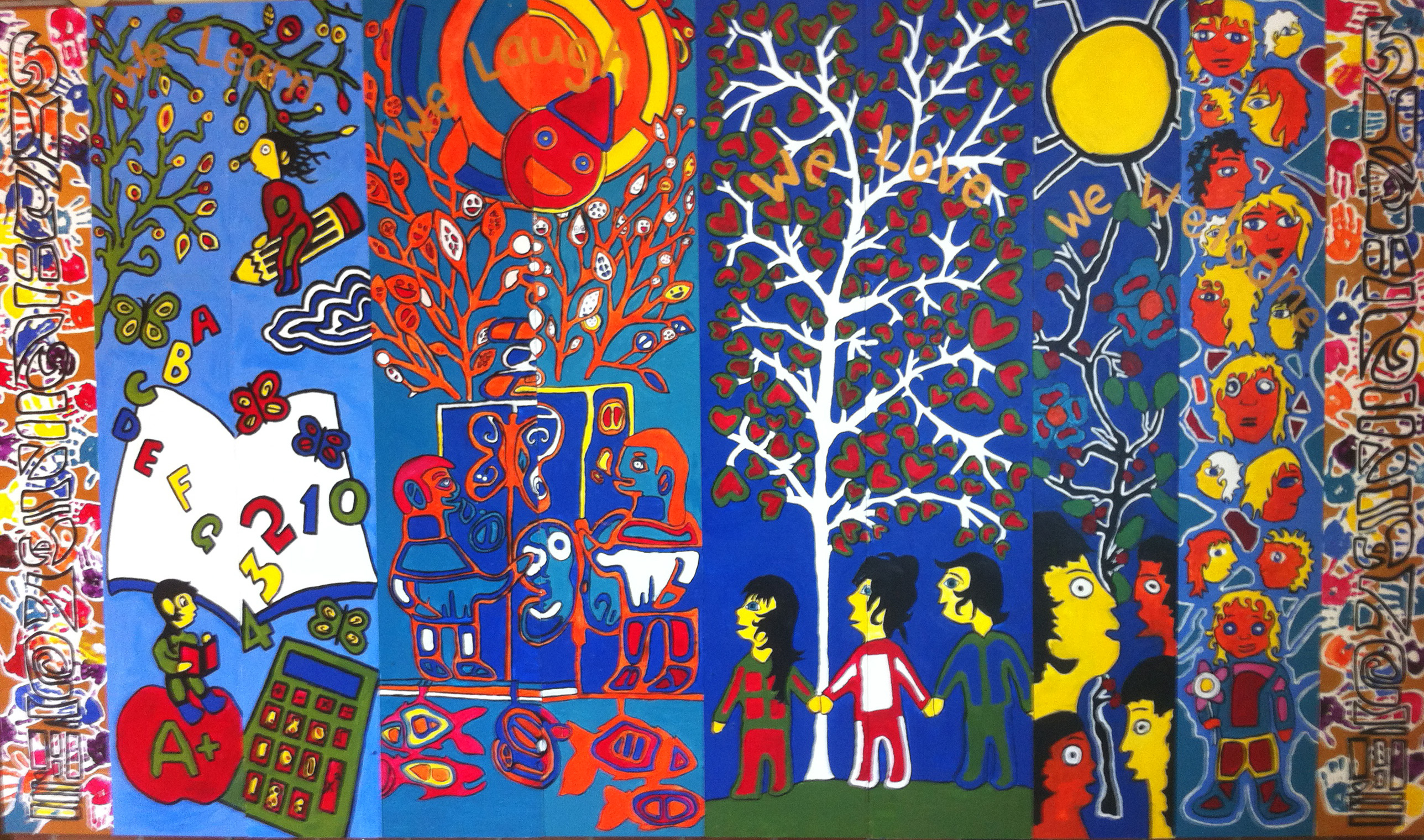 Painting divided in four, one column depicting two students typing on a calculator and another flying on a pencil with words floating around them, next column of two students playing and the sun smiling down on them, the next column of three students holding hands and a flourishing tree growing behind them and the final column is divided in tow, one with the faces of four students and vines wrapping over the background with the sun shining over them and the last column of various faces with different shapes and hair colors.