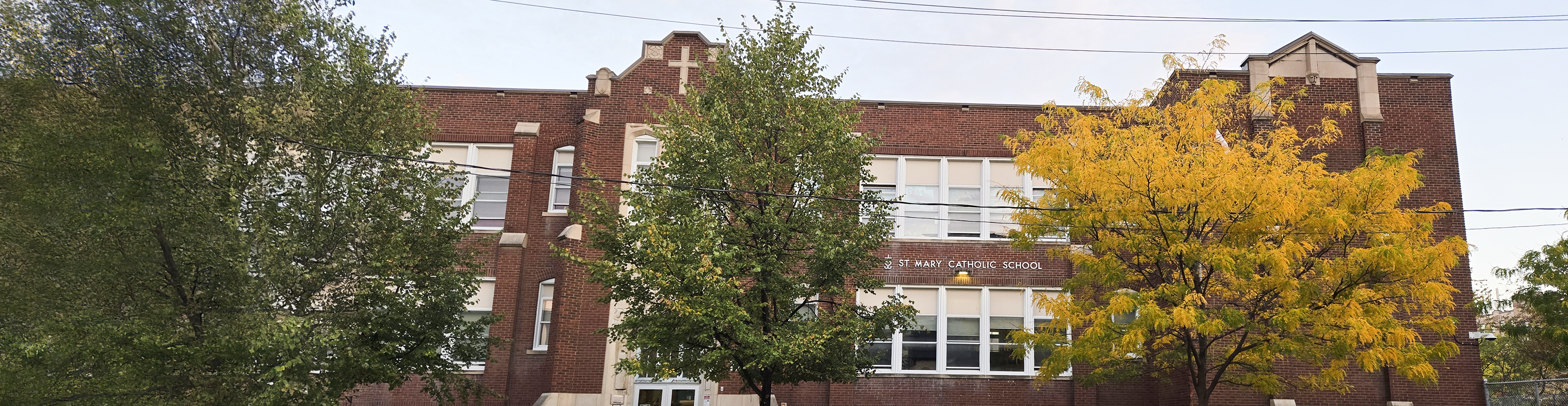 The front of the school building.