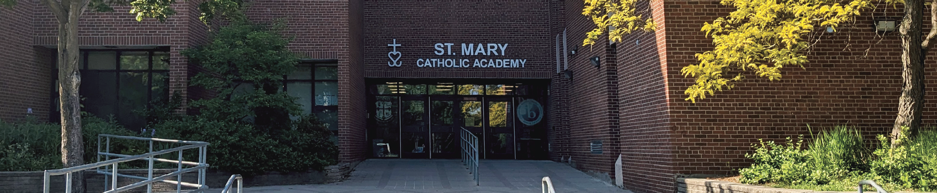 The front entrance of the St. Mary Catholic Academy school building.